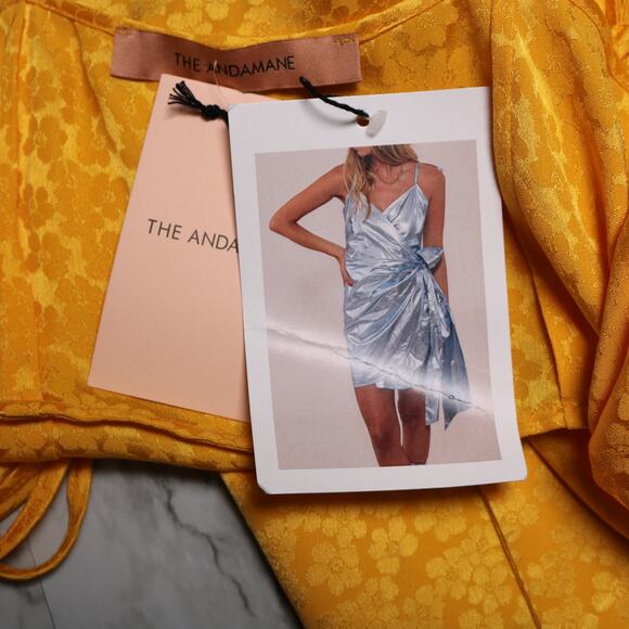 The Andamane Yellow Gold Jacquard Wrap Mini Dress Floral Bow Italy Formal Size S - Picture 10 of 14